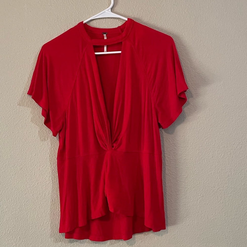 Free People Red Twist-Detail V-Neck Top